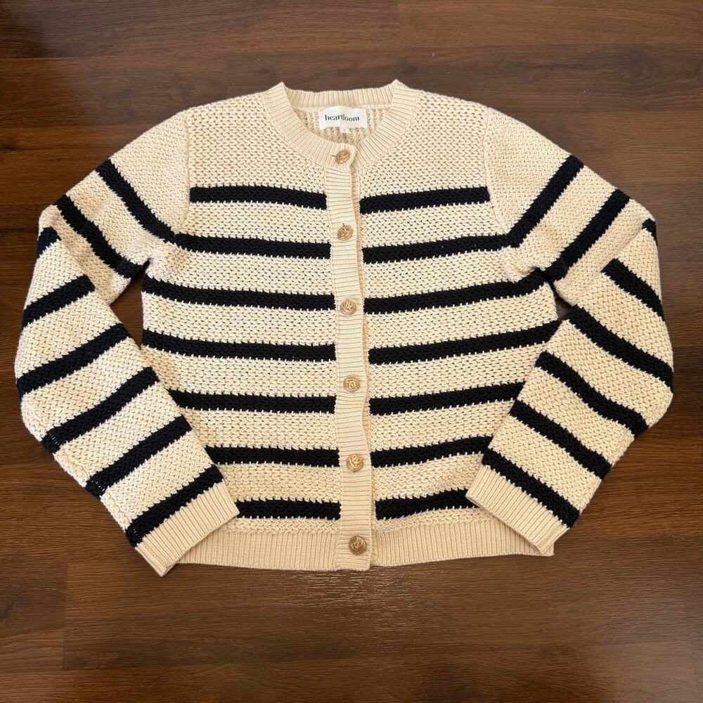 Heartloom Knit Cardigan Beige Navy Stripes Gold Button Nautical Coastal Preppy S